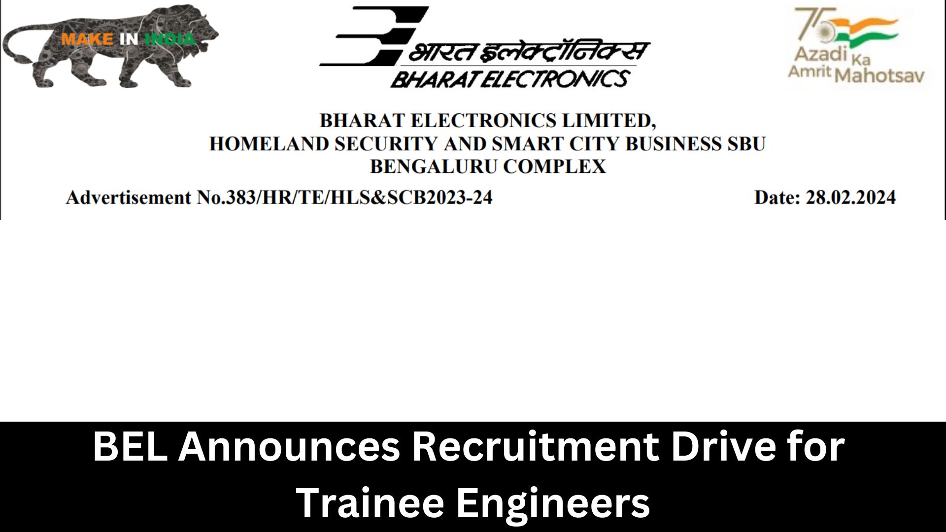 BEL Announces Recruitment Drive for Trainee Engineers